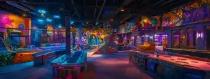 a a vibrant nerf arena bursts d9599e32 ff2f 4981 80a0 53fbd727dadcwebp - Brainy Actz Escape Rooms a vibrant nerf arena bursts with colorful foam blasters and dynamic play zones, illuminated by dramatic overhead lighting that enhances the excitement of the battlefield.