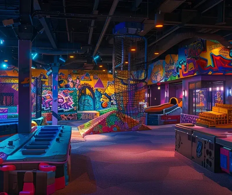 a vibrant nerf arena bursts with colorful foam blasters and dynamic play zones, illuminated by dramatic overhead lighting that enhances the excitement of the battlefield.