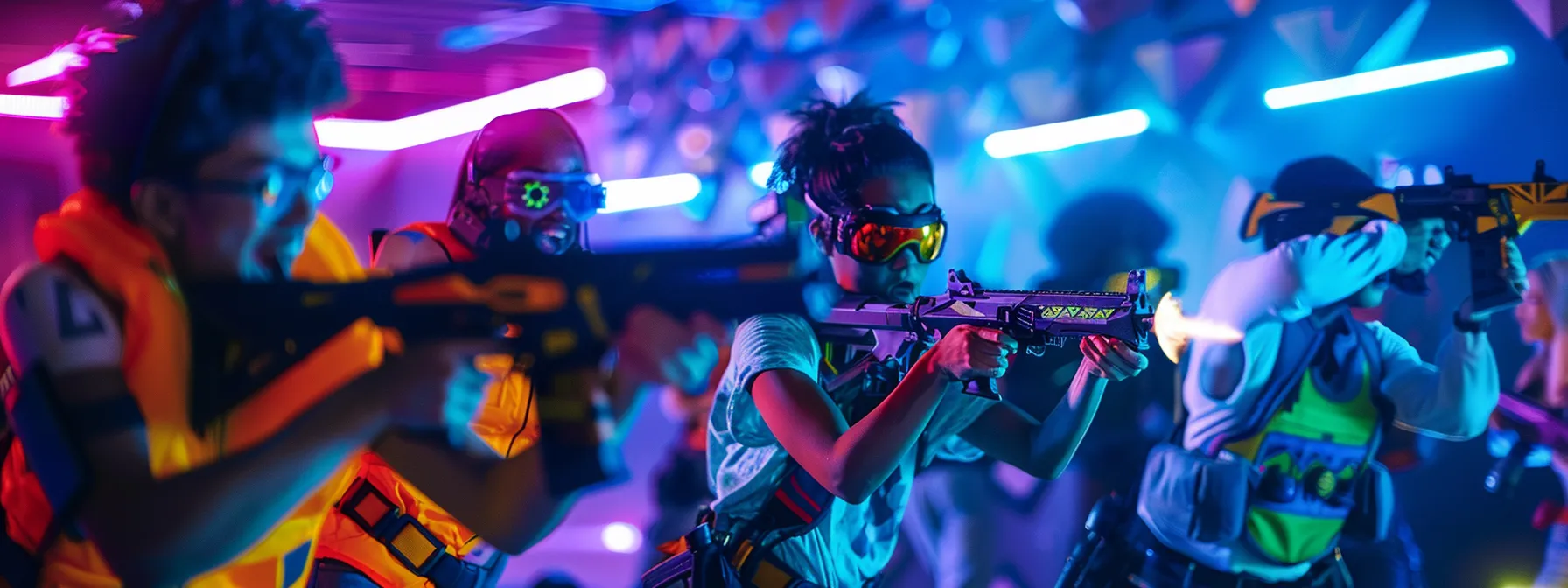 a vibrant nerf battle scene captures a diverse team strategizing amidst dynamic action, showcasing intense camaraderie and an engaging environment filled with colorful nerf blasters and vivid obstacles.