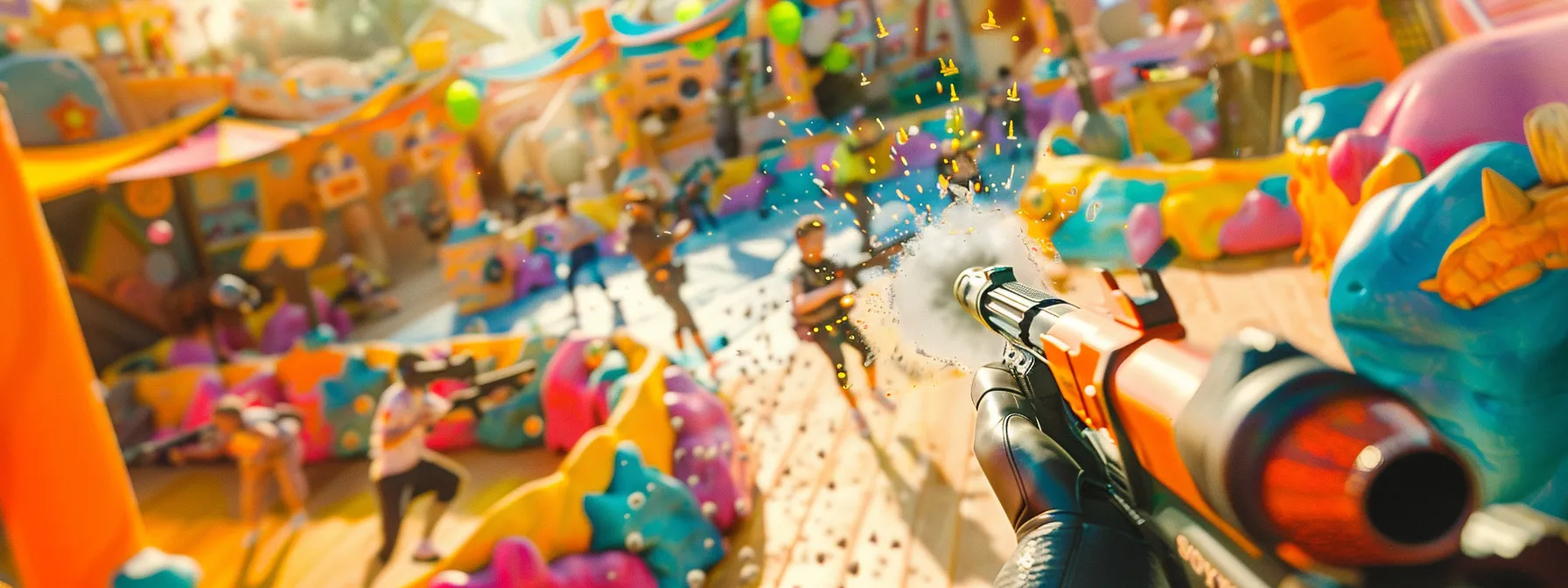 a vibrant nerf war battlefield filled with excited participants showcasing their competitive spirit and teamwork, surrounded by colorful decorations and lively themed elements under bright, natural sunlight.