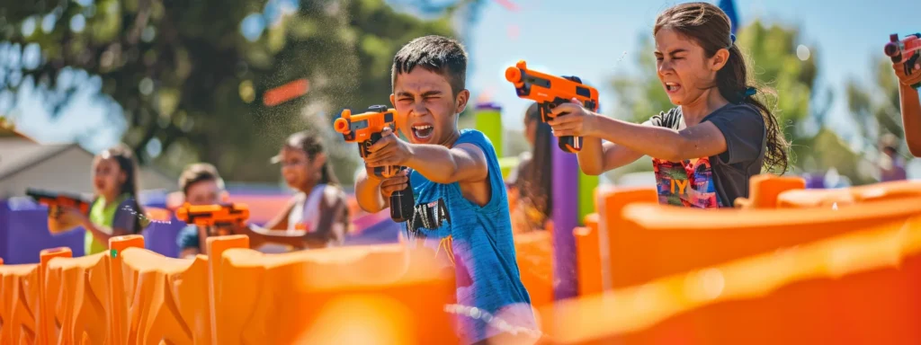 a vibrant outdoor arena filled with colorful nerf blasters and strategically placed barriers, bustling with excited kids in dynamic poses, captured under bright sunlight to emphasize the action and energy of an epic nerf war.