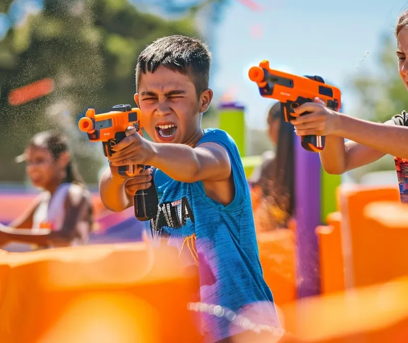 a vibrant outdoor arena filled with colorful nerf blasters and strategically placed barriers, bustling with excited kids in dynamic poses, captured under bright sunlight to emphasize the action and energy of an epic nerf war.