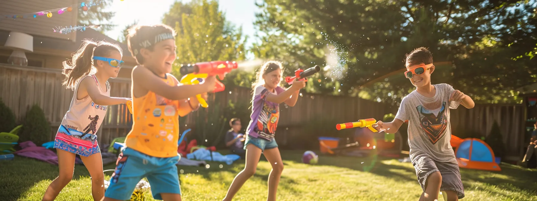 Children playing with Nerf guns outdoors, highlighting safe and fun Nerf battles for kids.