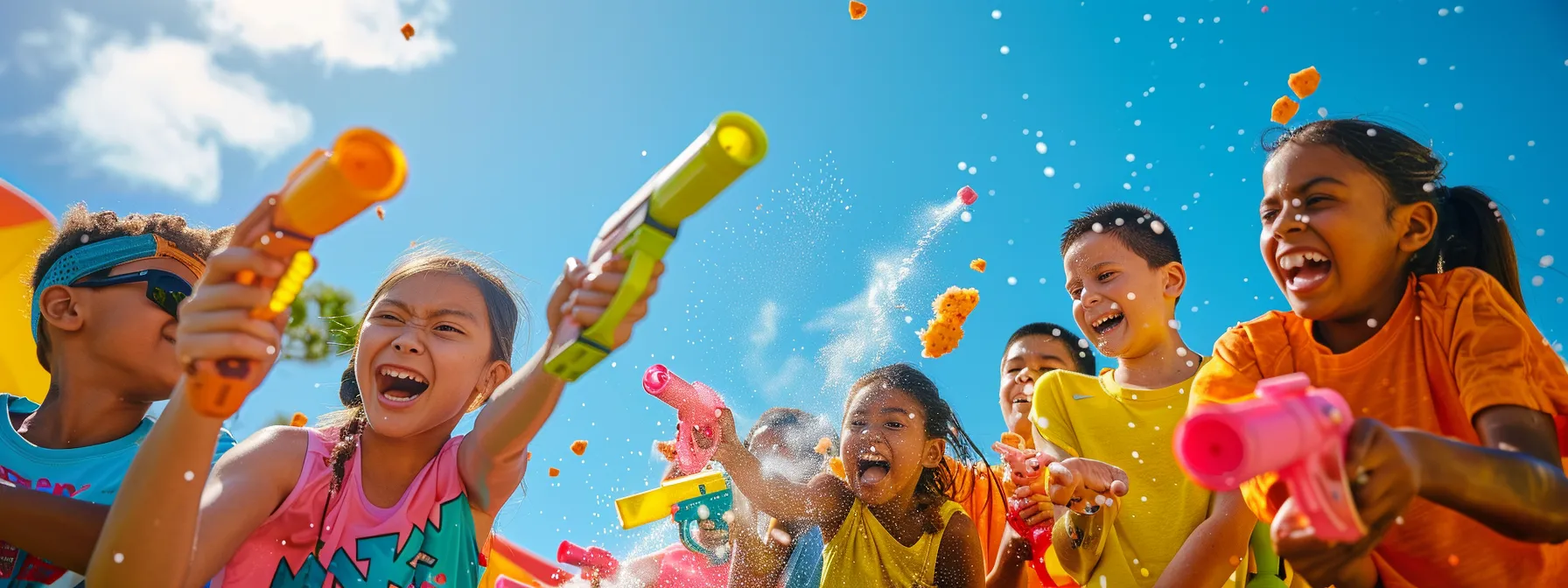 Children joyfully playing with colorful water blasters outdoors, emphasizing safe and fun Nerf battles.