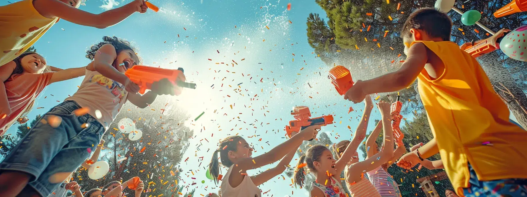 a vibrant outdoor scene showcases kids of various ages enthusiastically engaged in an exciting nerf gun battle, surrounded by colorful foam darts flying through the air under bright sunlight.