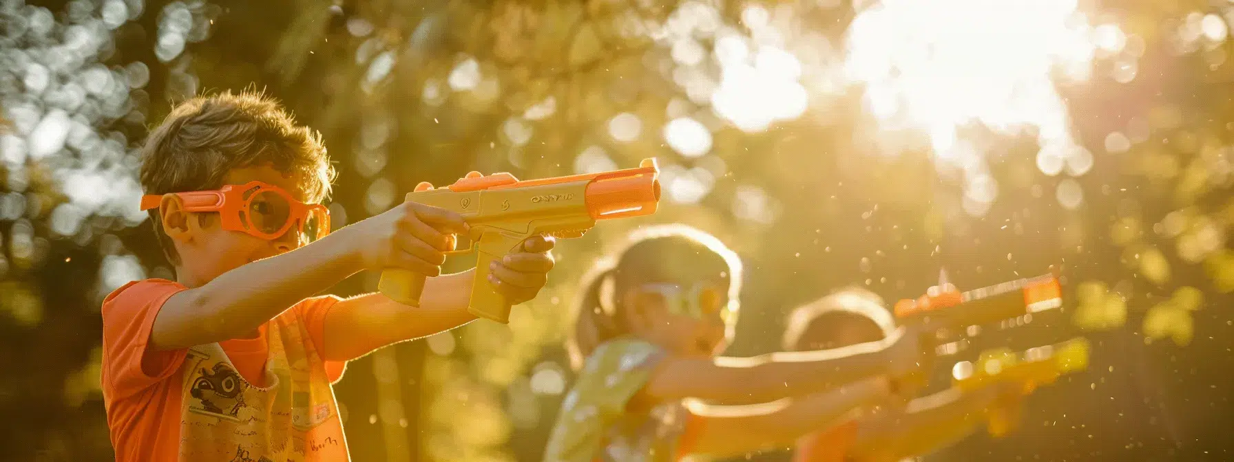 Children playing with orange Nerf guns outdoors under golden sunlight, showcasing safe and fun Nerf gun play in a vibrant, energetic setting.