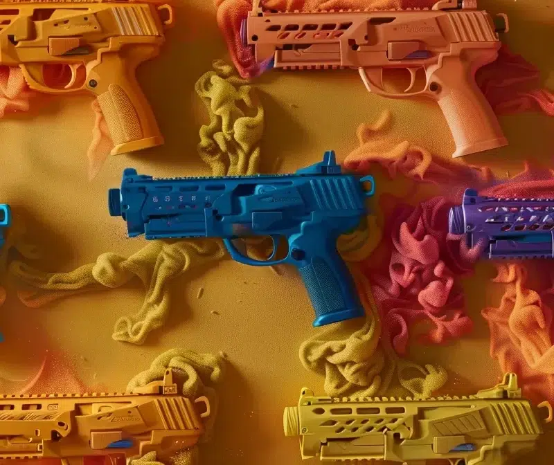 a vibrant scene showcasing a colorful array of budget-friendly nerf guns poised on a dynamic, textured backdrop, highlighting their durable design and playful features under bright, engaging lighting.