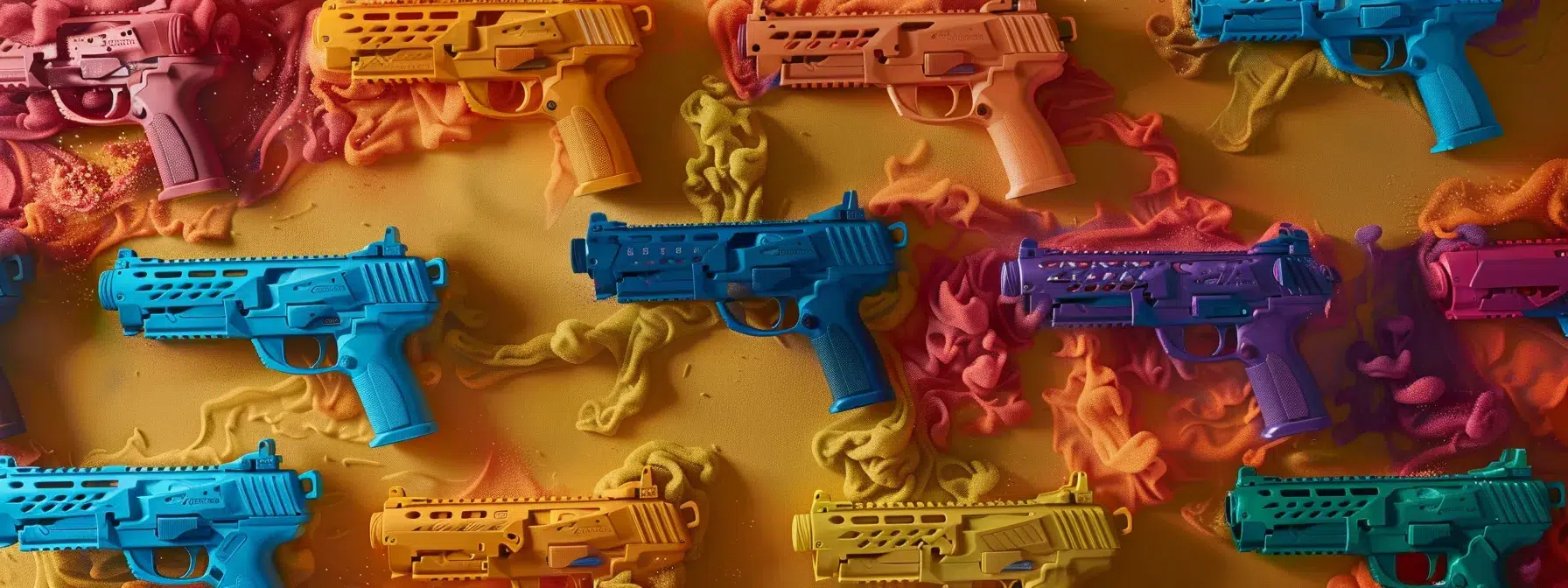 a vibrant scene showcasing a colorful array of budget-friendly nerf guns poised on a dynamic, textured backdrop, highlighting their durable design and playful features under bright, engaging lighting.