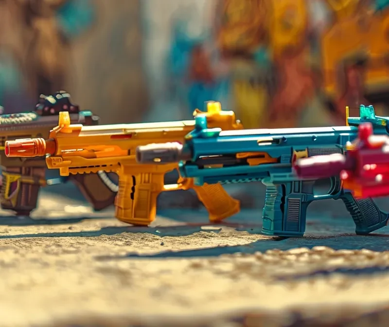 a vibrant scene showcasing a collection of popular nerf guns positioned on a sturdy outdoor surface, illuminated by bright sunlight, emphasizing their colorful designs and robust construction.