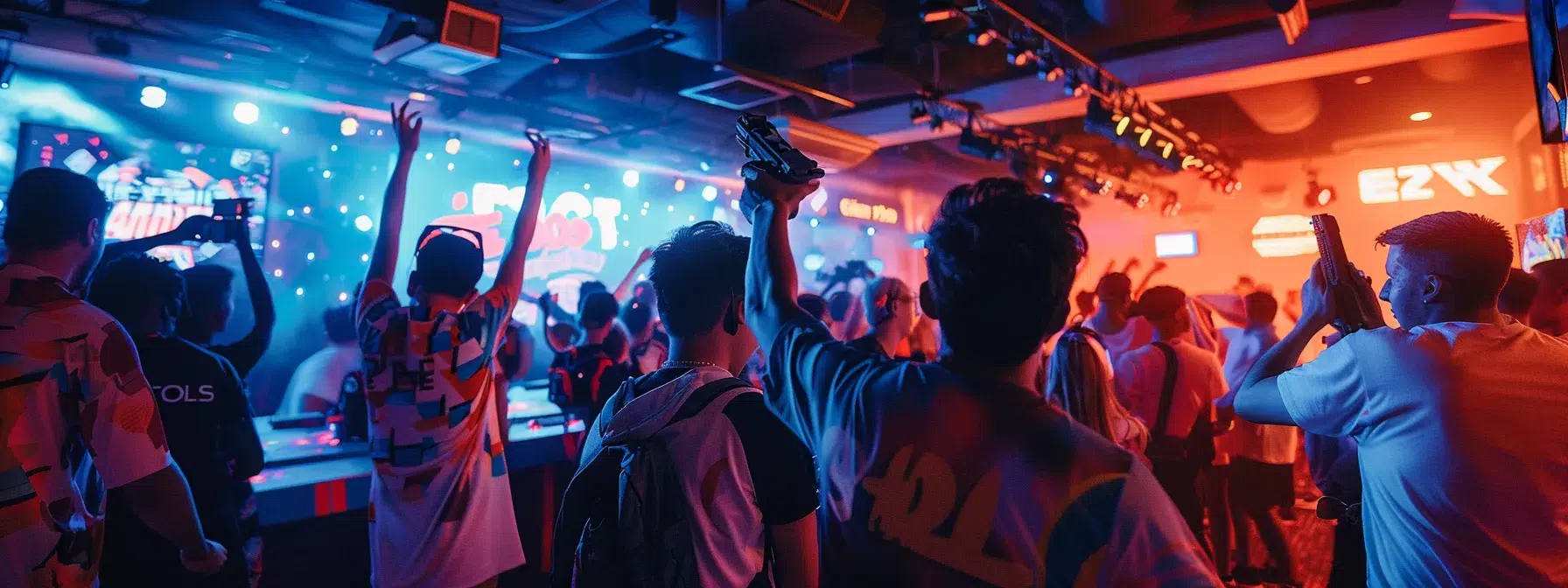 a vibrant and energetic nerf tournament scene captures enthusiastic participants engaged in dynamic gameplay, surrounded by cheering spectators, under bright overhead lighting that enhances the excitement and camaraderie of the event.