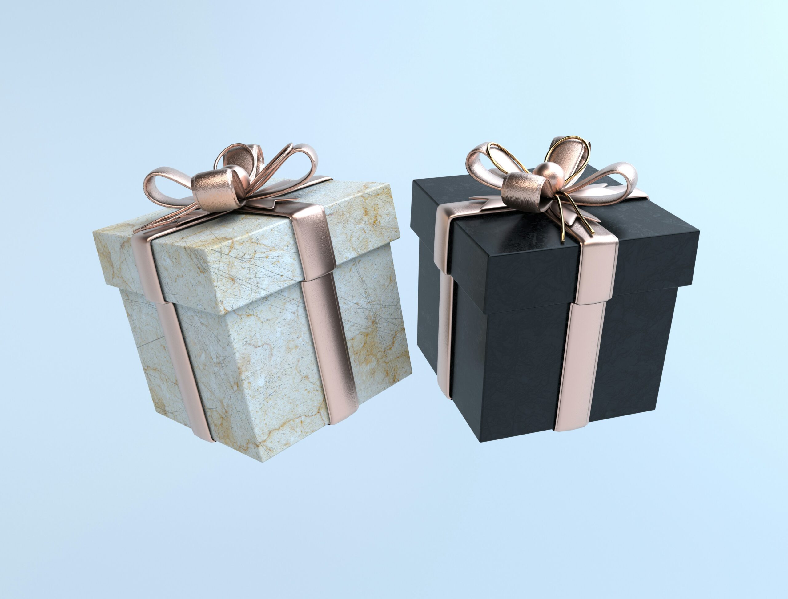 Two elegantly wrapped gift boxes with rose gold ribbons, symbolizing high-impact and engaging prizes for a competitive Nerf tournament.