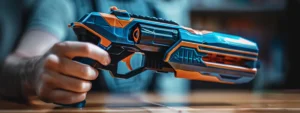 6daddc27 accc 47d4 9f60 a6da80087ba1webp - Brainy Actz Escape Rooms Create a hyper-realistic image of a modern Nerf blaster with a sleek design. The blaster should be colored electric blue, orange, and black, and include simple visible features like a trigger, safety switch, and foam darts in the chamber. Show the blaster either resting on a wooden table or being held by a person's hands. Use natural lighting and a softly blurred background to keep the focus on the blaster.