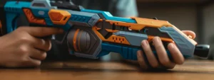 7ac112f5 bad4 497c be68 4e8755204fdfwebp - Brainy Actz Escape Rooms Create a hyper-realistic image of a modern Nerf blaster with a sleek design. The blaster should be colored electric blue, orange, and black, and include simple visible features like a trigger, safety switch, and foam darts in the chamber. Show the blaster either resting on a wooden table or being held by a person's hands. Use natural lighting and a softly blurred background to keep the focus on the blaster.