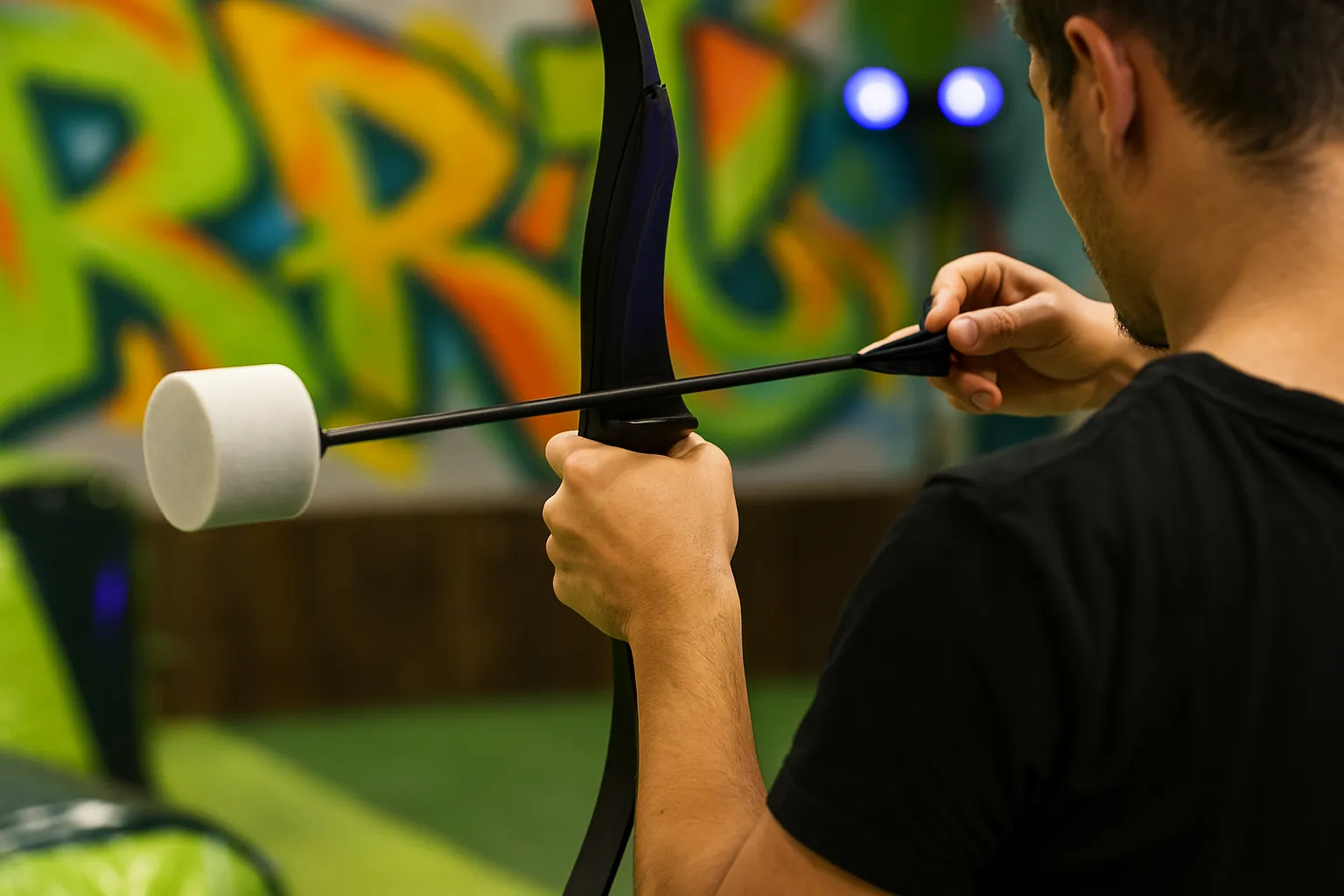 A player prepares to load a foam-tipped arrow onto a bow, illustrating typical rental gear included in archery arrow tag pricing packages. - Brainy Actz Escape Rooms A player prepares to load a foam-tipped arrow onto a bow, illustrating typical rental gear included in archery arrow tag pricing packages.