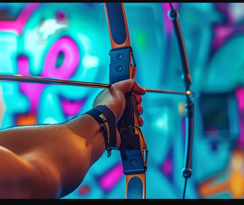 Realistic close-up of a player's hand holding a recurve bow with a foam-tipped arrow, ready to shoot in an indoor archery tag arena. The background has colorful graffiti walls and glowing lights. The person's arm is clearly visible. The image is focused on the bow and arrow with a blurry background. The bow can be green or black, and the arrow should have a soft foam tip for safety.