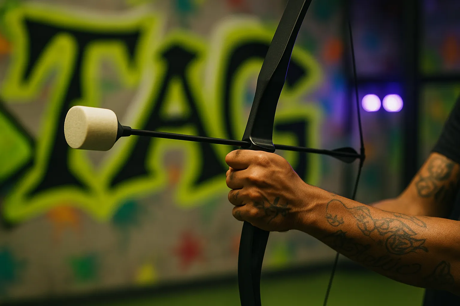 Tattooed player gripping a custom Arrow Tag bow, showcasing key equipment features to consider before purchasing for performance and comfort. - Brainy Actz Escape Rooms Tattooed player gripping a custom Arrow Tag bow, showcasing key equipment features to consider before purchasing for performance and comfort.