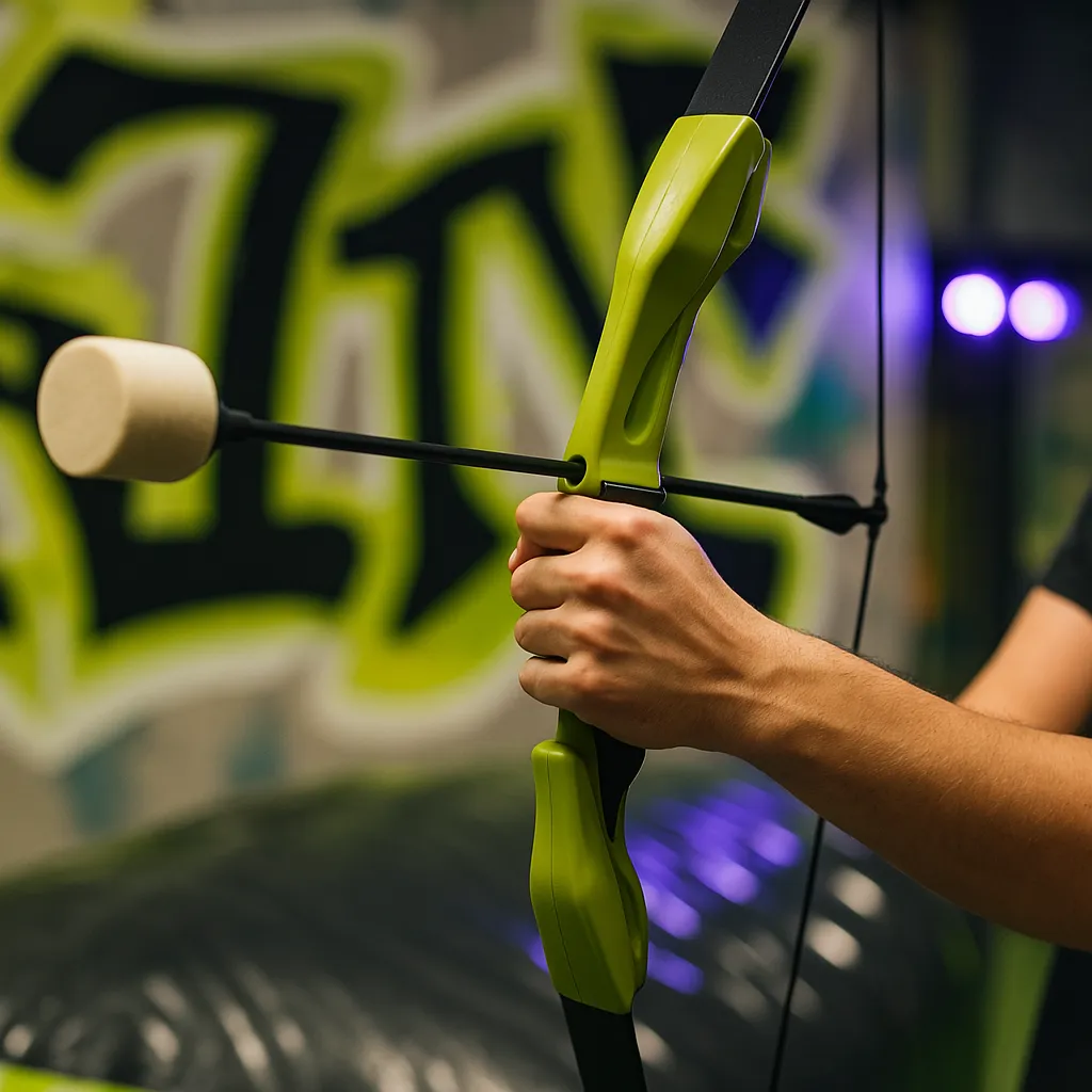 Close-up of a player holding a foam-tipped arrow on a bow, emphasizing safety features essential for all participants in archery arrow tag. - Brainy Actz Escape Rooms Close-up of a player holding a foam-tipped arrow on a bow, emphasizing safety features essential for all participants in archery arrow tag.