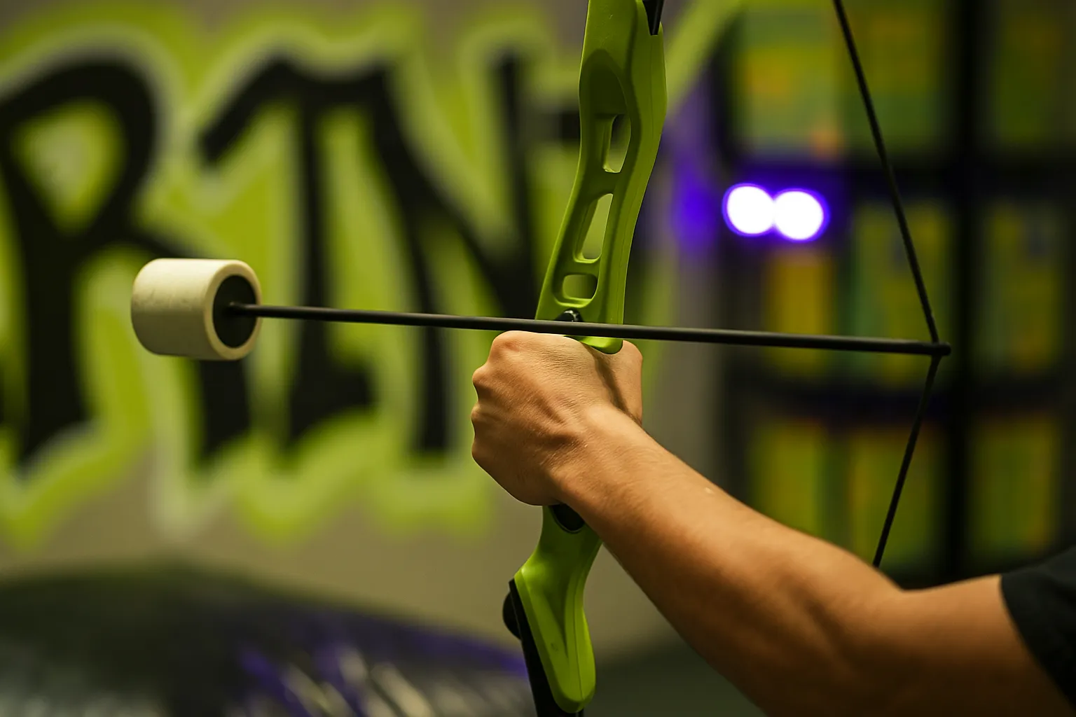 Close-up of a player holding a green custom Arrow Tag bow with a foam-tipped arrow, highlighting the design and build of popular equipment models. - Brainy Actz Escape Rooms Close-up of a player holding a green custom Arrow Tag bow with a foam-tipped arrow, highlighting the design and build of popular equipment models.