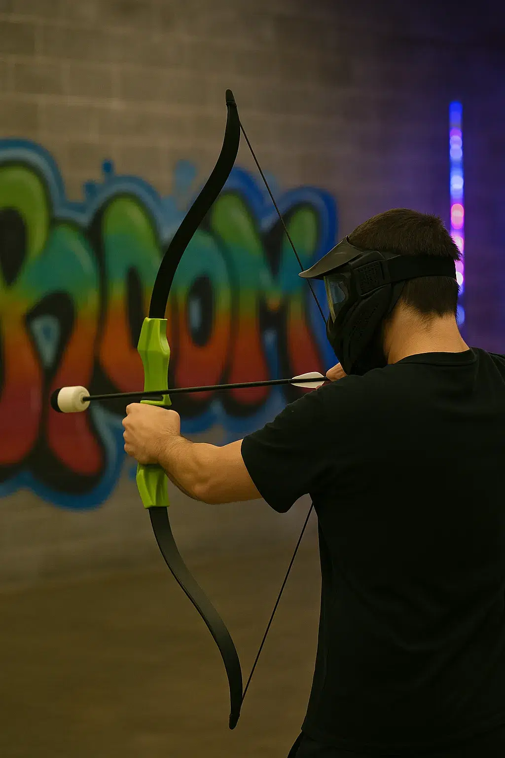 A player wearing a full-face protective mask prepares to shoot a foam-tipped arrow, highlighting essential gear for safe archery tag play. - Brainy Actz Escape Rooms A player wearing a full-face protective mask prepares to shoot a foam-tipped arrow, highlighting essential gear for safe archery tag play.