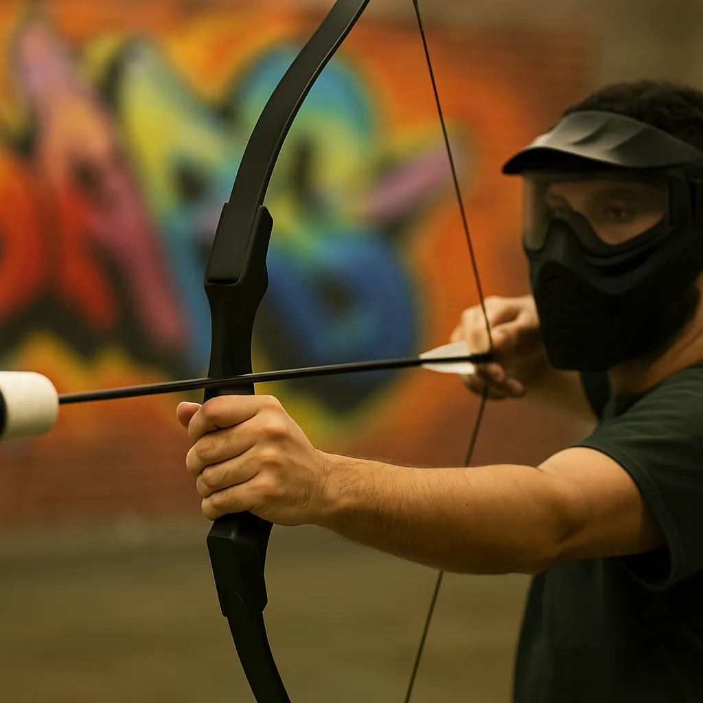 A player wearing a safety mask aims a bow with a foam-tipped arrow, showcasing essential rental equipment used in archery arrow tag. - Brainy Actz Escape Rooms A player wearing a safety mask aims a bow with a foam-tipped arrow, showcasing essential rental equipment used in archery arrow tag.