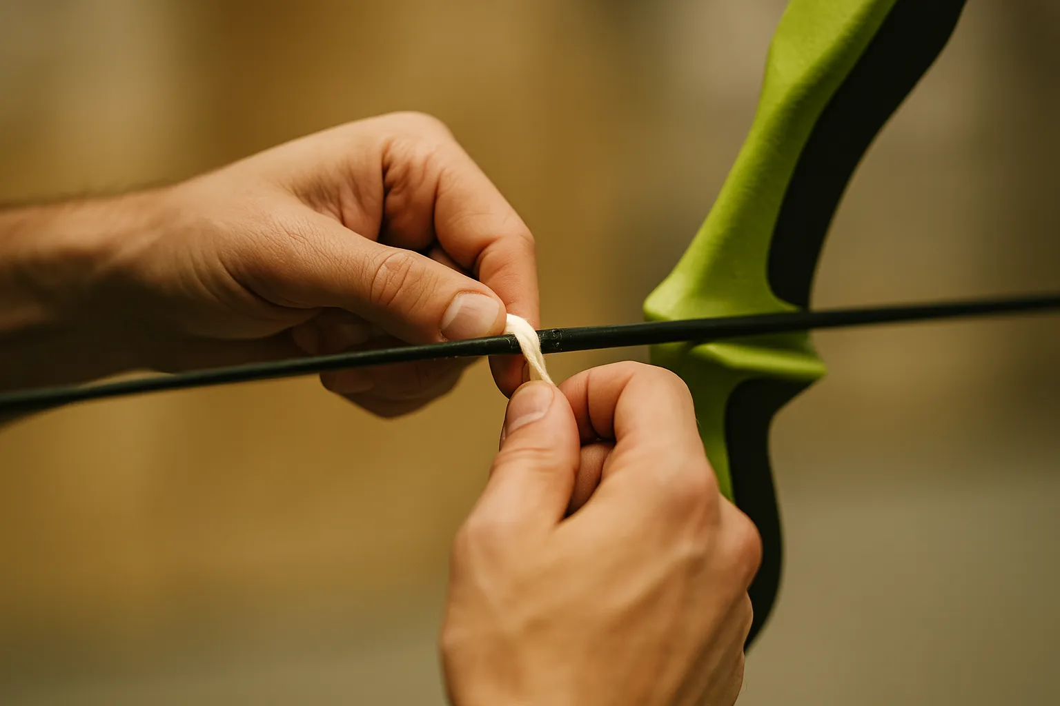 A close-up of hands carefully cleaning a bowstring with a cloth, emphasizing the importance of regular maintenance in preserving bow performance. - Brainy Actz Escape Rooms A close-up of hands carefully cleaning a bowstring with a cloth, emphasizing the importance of regular maintenance in preserving archery arrow tag gear performance.