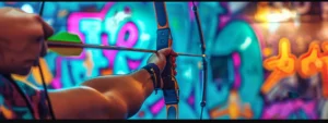 0758ea4c 15dd 41be 86d8 48202c360339webp - Brainy Actz Escape Rooms Realistic close-up of a player's hand holding a recurve bow with a foam-tipped arrow, ready to shoot in an indoor archery tag arena. The background has colorful graffiti walls and glowing lights. The person's arm is clearly visible. The image is focused on the bow and arrow with a blurry background. The bow can be green or black, and the arrow should have a soft foam tip for safety.