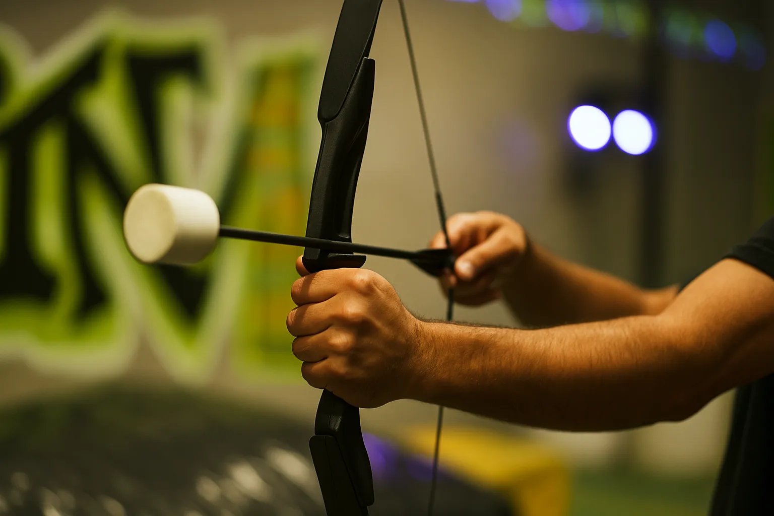 A close-up of a player preparing to shoot a foam-tipped arrow with a bow, emphasizing the importance of safety, durability, and visibility when selecting Arrow Tag target types. - Brainy Actz Escape Rooms A close-up of a player preparing to shoot a foam-tipped arrow with a bow, emphasizing the importance of safety, durability, and visibility when selecting Arrow Tag target types.