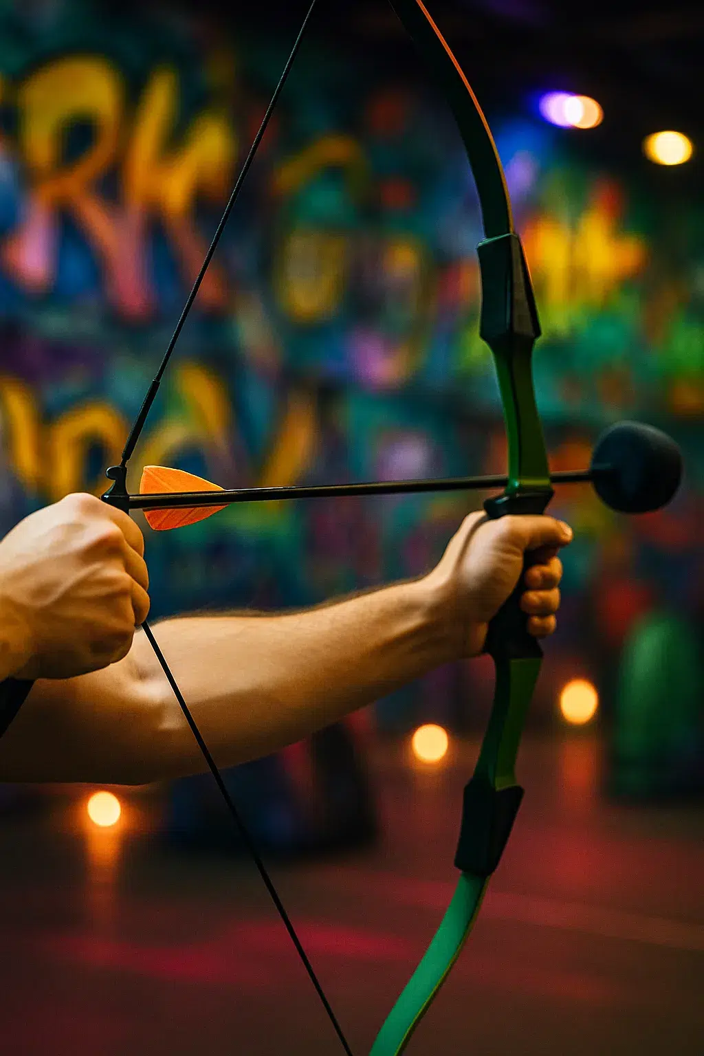 A player aims a foam-tipped arrow with control and intent, highlighting how match-specific tactics shape precision and engagement in arrow tag. - Brainy Actz Escape Rooms A player aims a foam-tipped arrow with control and intent, highlighting how match-specific tactics shape precision and engagement in arrow tag.