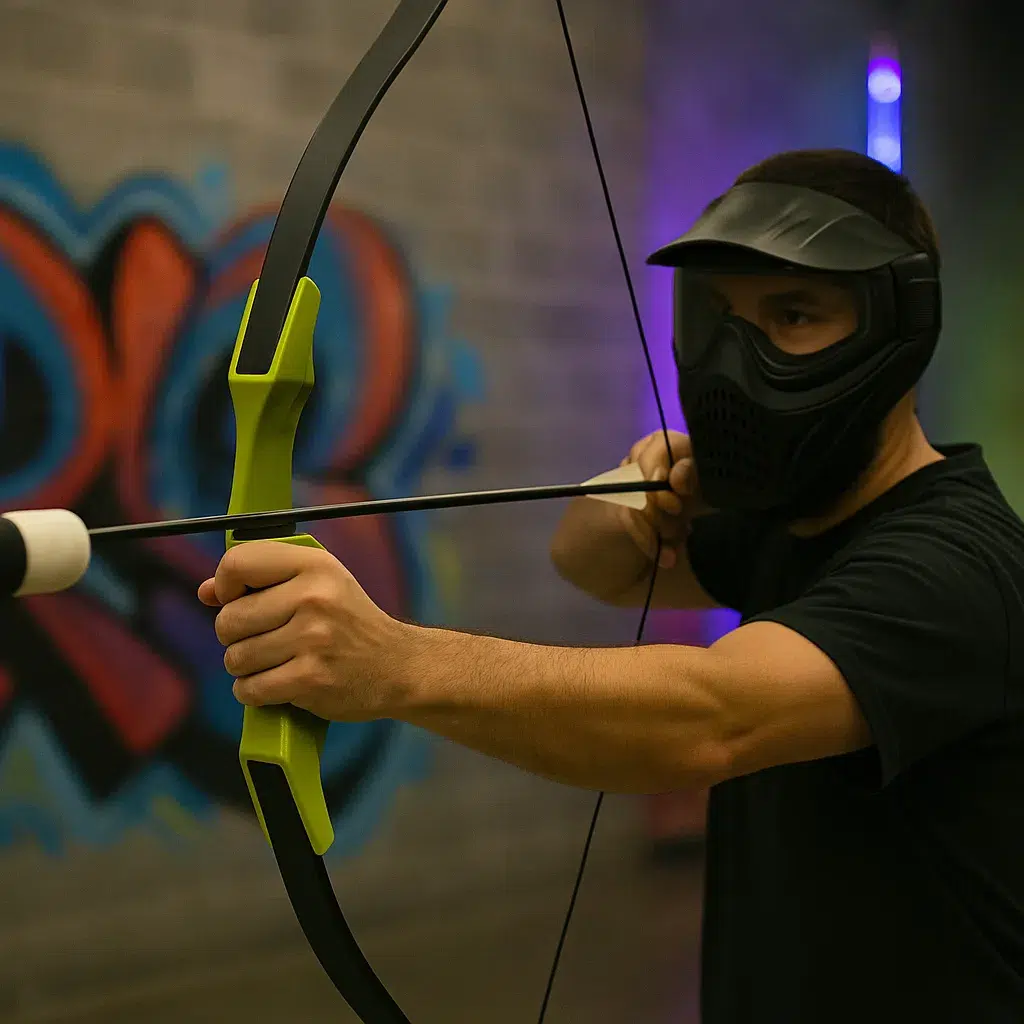 A player equipped with a padded arrow and full-face protective mask prepares to shoot, showcasing the essential gear needed for safe and intense arrow tag action. - Brainy Actz Escape Rooms A player equipped with a padded arrow and full-face protective mask prepares to shoot, showcasing the essential gear needed for safe and intense arrow tag action.