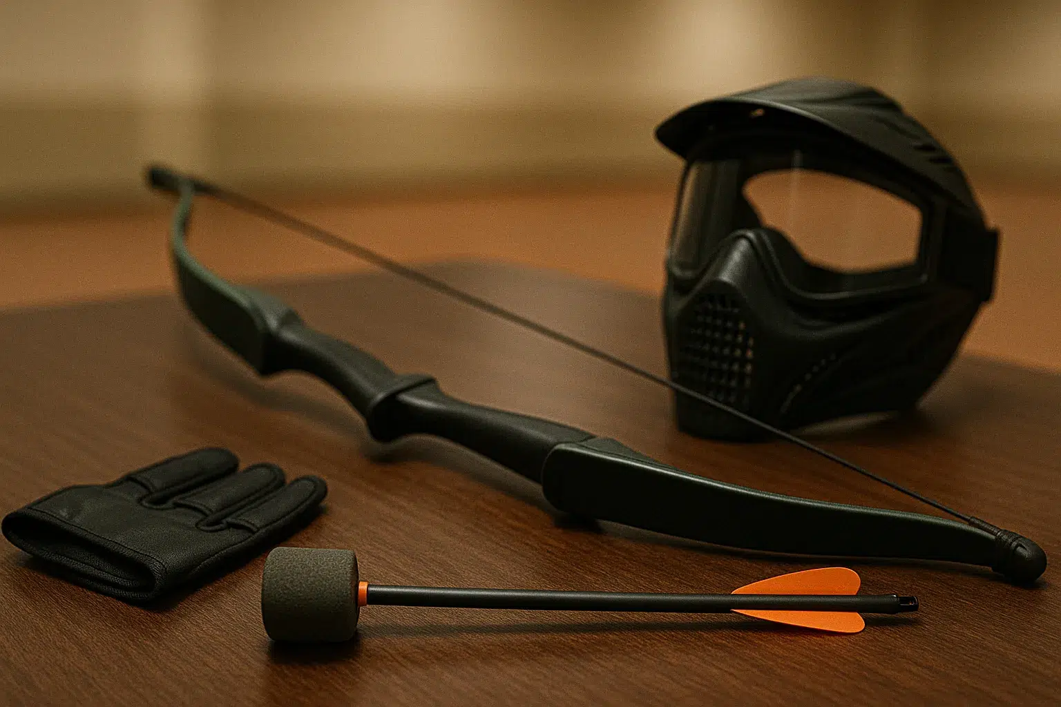 Arrow tag gear including a bow, padded arrow, glove, and face mask laid out on a table, emphasizing the importance of maintaining equipment for peak performance. - Brainy Actz Escape Rooms Arrow tag gear including a bow, padded arrow, glove, and face mask laid out on a table, emphasizing the importance of maintaining equipment for peak performance.