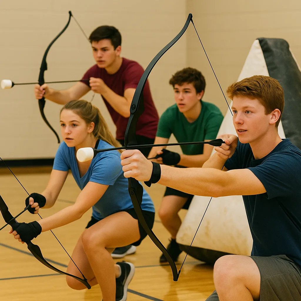A group of kids crouches in ready positions with foam-tipped arrows in a gym, highlighting the importance of structured, safe environments for children’s arrow tag games. - Brainy Actz Escape Rooms A group of kids crouches in ready positions with foam-tipped arrows in a gym, highlighting the importance of structured, safe environments for children’s arrow tag games.