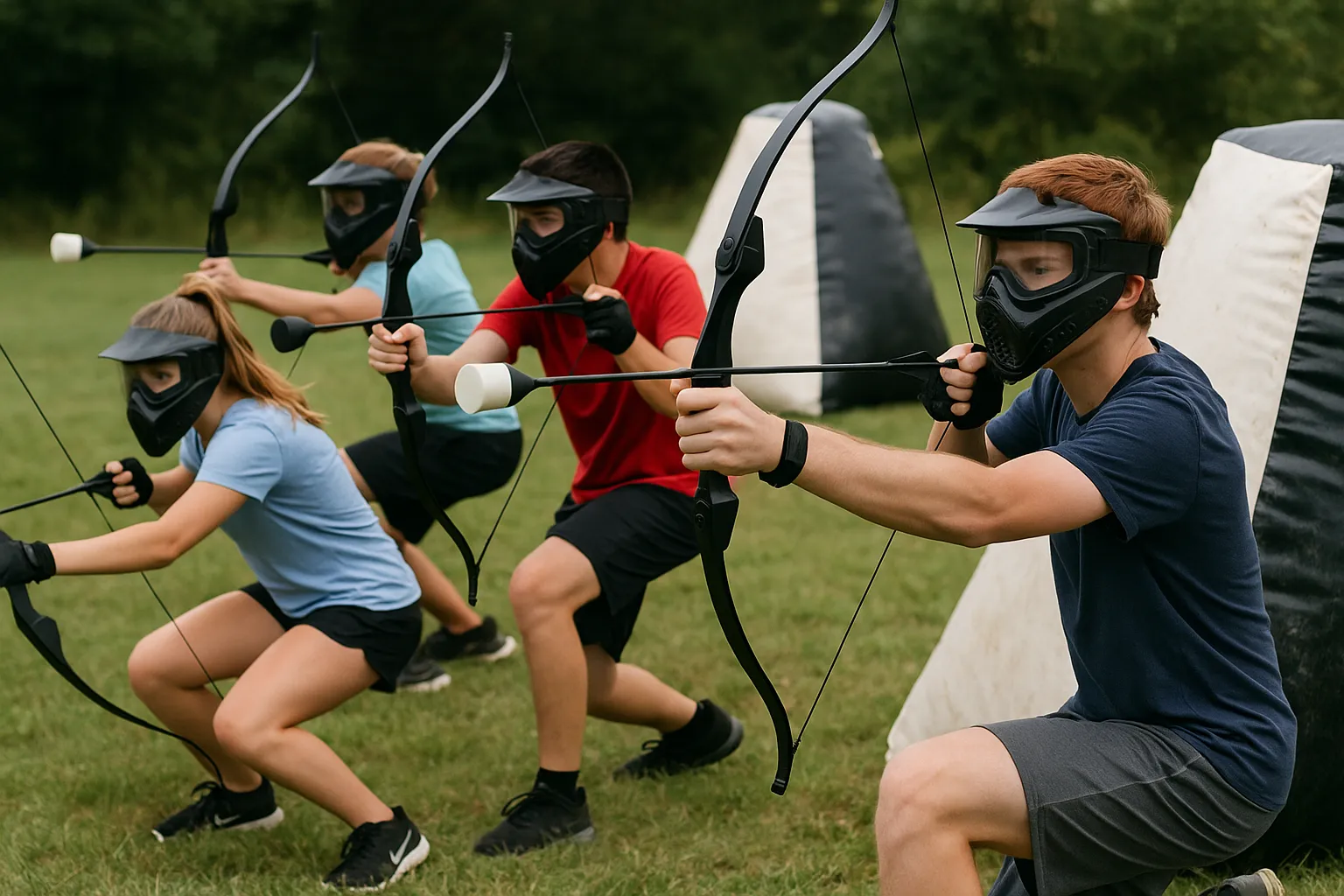 Teenagers crouch in formation, aiming foam-tipped arrows during an archery tag game, enhancing their focus, coordination, and team synergy through active play. - Brainy Actz Escape Rooms Teenagers crouch in formation, aiming foam-tipped arrows during an archery tag game, enhancing their focus, coordination, and team synergy through active play.