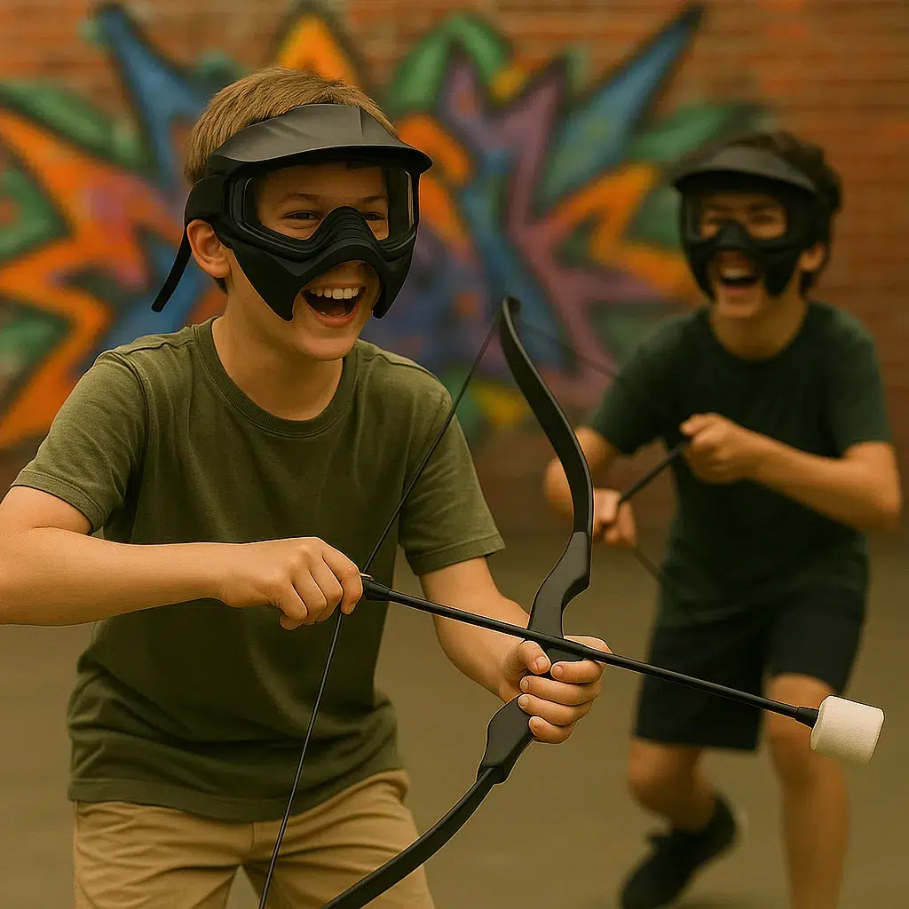 Two kids laugh and play with foam-tipped arrows in an indoor arena, demonstrating how young participants can easily grasp the fundamentals of arrow tag through fun, active learning. - Brainy Actz Escape Rooms Two kids laugh and play with foam-tipped arrows in an indoor arena, demonstrating how young participants can easily grasp the fundamentals of arrow tag through fun, active learning.