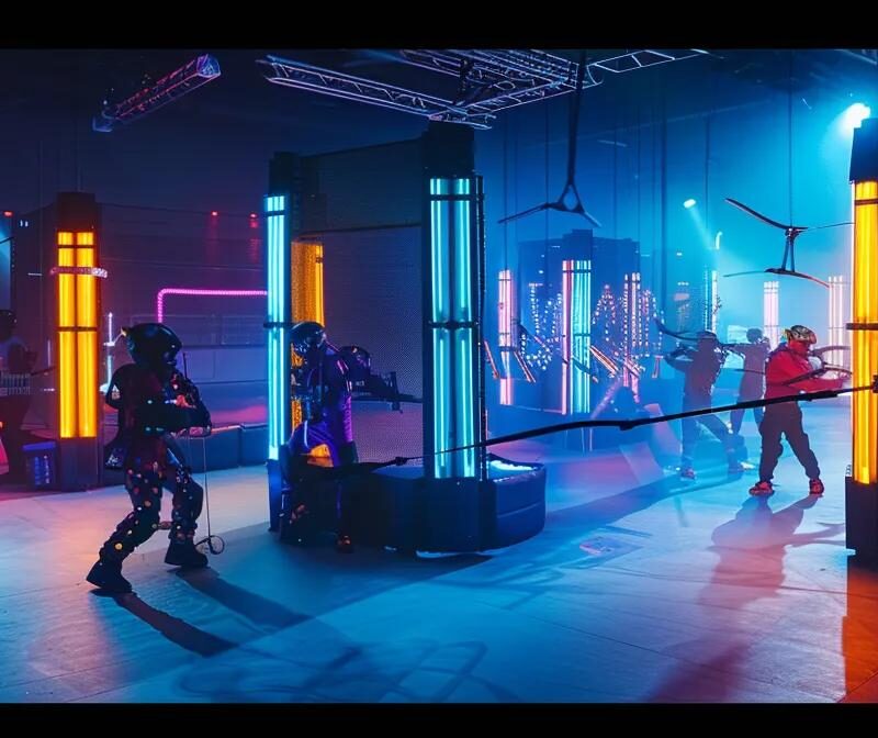 a dynamic indoor archery tag arena buzzes with excitement, showcasing players in colorful protective gear engaged in thrilling duels, as vibrant lights and thrilling targets create an atmosphere of both fun and intensity.