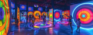 a dynamic indoor archery arena f f6c820af 489c 46ee 89f3 2c56647a8f67webp - Brainy Actz Escape Rooms a dynamic indoor archery arena, featuring enthusiastic participants in protective gear engaging in a thrilling game of arrow tag, with vibrant neon lights illuminating the colorful targets and obstacles around them.