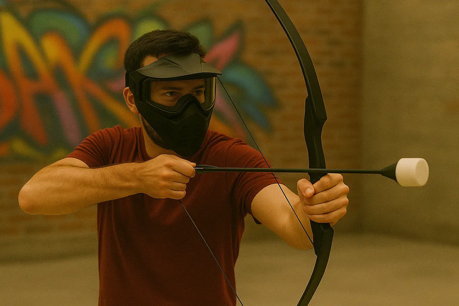 A beginner player wearing a full-face protective mask aims a foam-tipped arrow, highlighting the key safety gear needed for secure archery arrow tag participation. - Brainy Actz Escape Rooms A beginner player wearing a full-face protective mask aims a foam-tipped arrow, highlighting the key safety gear needed for secure archery arrow tag participation.