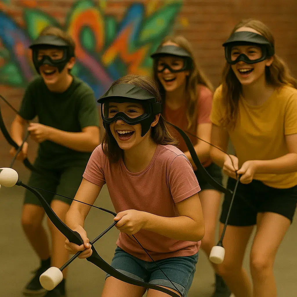 A group of kids wearing safety masks enthusiastically engage in archery tag, highlighting the importance of proper supervision and guidance during youth gameplay. - Brainy Actz Escape Rooms A group of kids wearing safety masks enthusiastically engage in archery tag, highlighting the importance of proper supervision and guidance during youth gameplay.