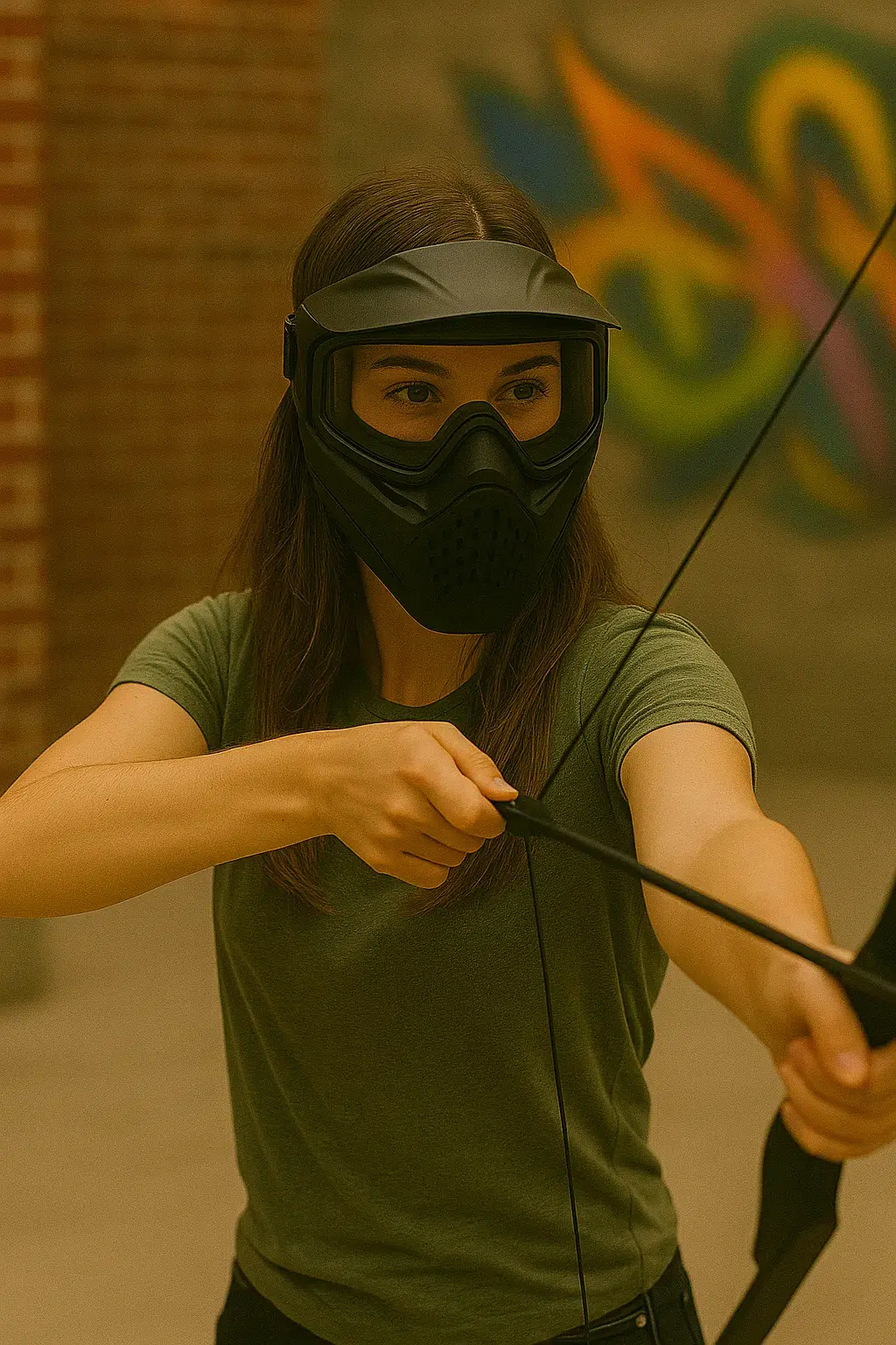 A first-time player in full safety gear draws a foam-tipped arrow, illustrating how preparation and protective equipment help newcomers feel confident in archery tag. - Brainy Actz Escape Rooms A first-time player in full safety gear draws a foam-tipped arrow, illustrating how preparation and protective equipment help newcomers feel confident in archery tag.