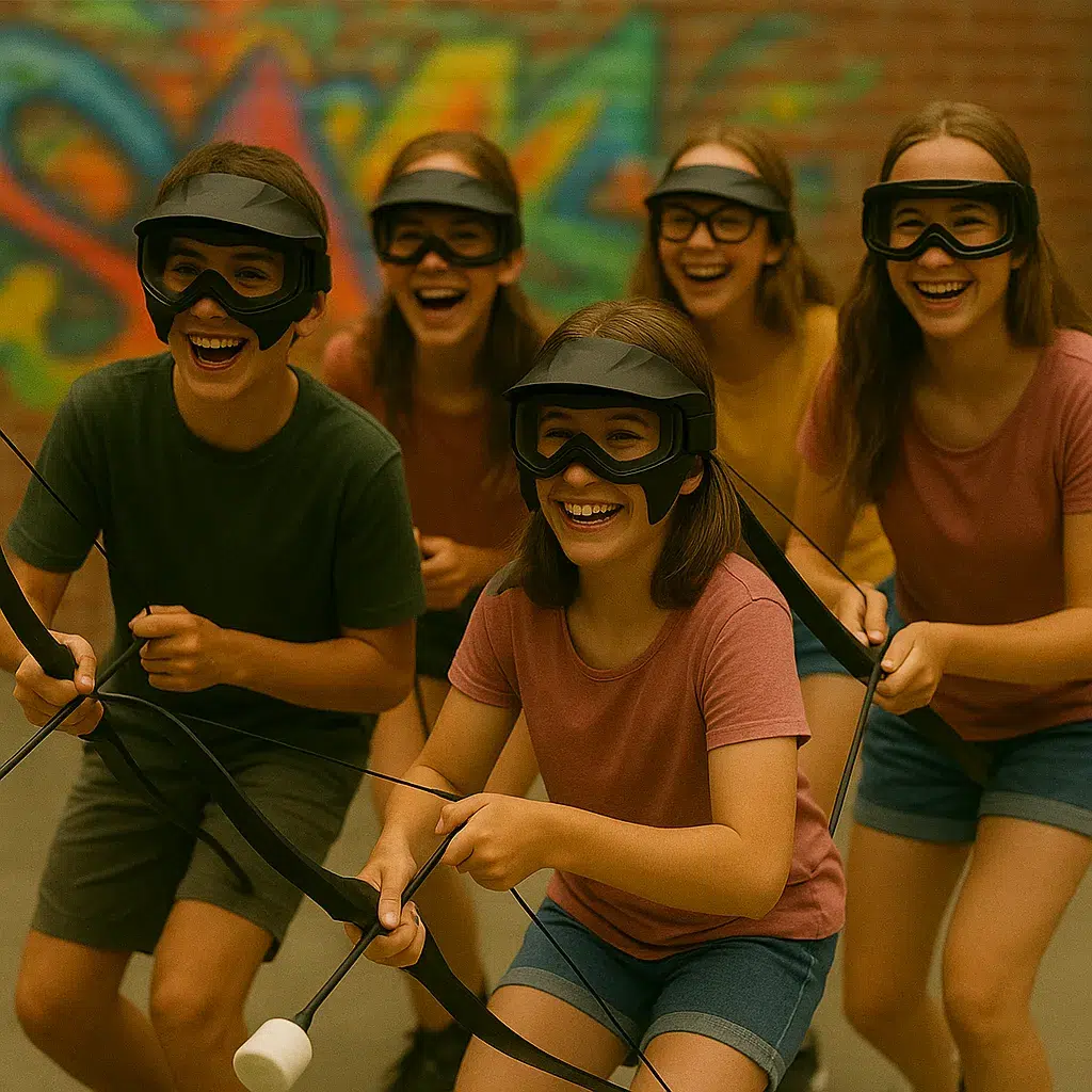 A group of smiling kids in safety masks playfully prepare to shoot foam-tipped arrows, capturing the fun and safe thrills tailored for young adults in archery tag. - Brainy Actz Escape Rooms A group of smiling kids in safety masks playfully prepare to shoot foam-tipped arrows, capturing the fun and safe thrills tailored for young adults in archery tag.