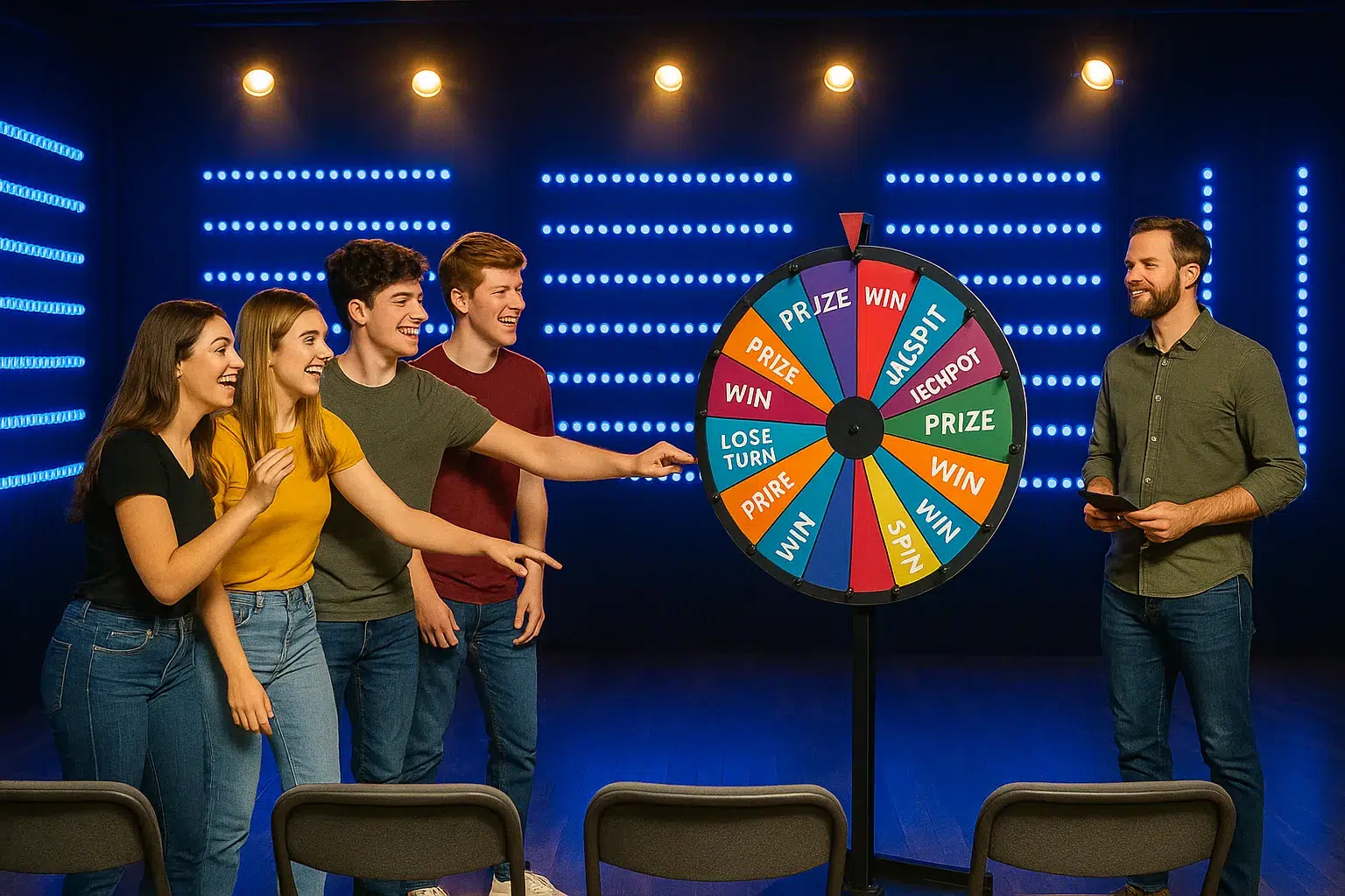 A group cheers with anticipation around a spinning prize wheel, revealing the thrill and camaraderie fueling team game show obsession. - Brainy Actz Escape Rooms A group cheers with anticipation around a spinning prize wheel, revealing the thrill and camaraderie fueling team game show obsession.