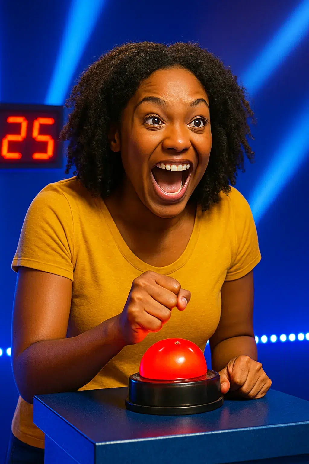 A thrilled contestant slams the buzzer with excitement, capturing the addictive rush built into game show mechanics. - Brainy Actz Escape Rooms A thrilled contestant slams the buzzer with excitement, capturing the addictive rush built into game show mechanics.