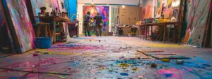 a brightly lit art studio with 0aa53eeb dc91 458d b195 f1f403ddb6e8webp - Brainy Actz Escape Rooms a brightly lit art studio with vivid splatter paint on the floor and walls, showcasing safety gear like goggles and aprons prominently displayed to emphasize essential safety precautions.