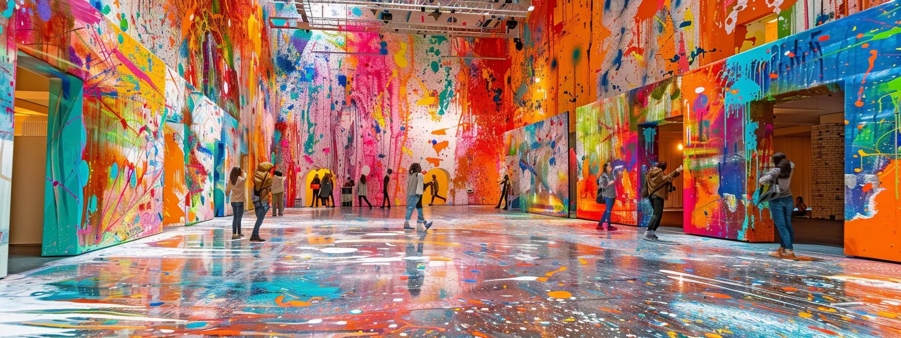 a vibrant splatter paint room filled with large canvases and walls covered in bold, colorful paint strokes, showcasing enthusiastic participants joyfully expressing their creativity in a dynamic and playful indoor art studio.