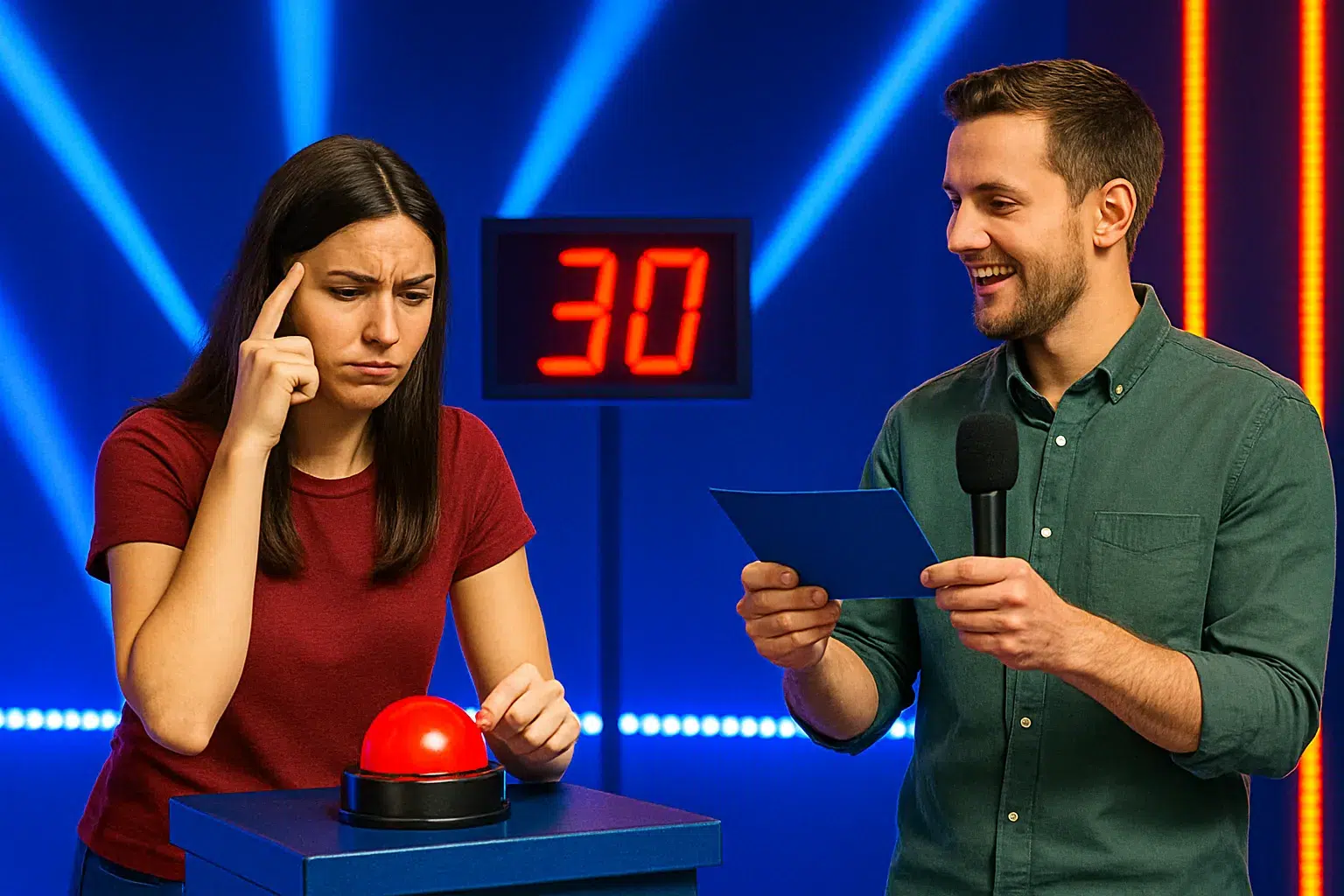 A contestant thinking of the answer under a ticking timer, fully immersed in a high-stakes game show atmosphere. - Brainy Actz Escape Rooms A contestant thinking of the answer under a ticking timer, fully immersed in a high-stakes game show atmosphere.