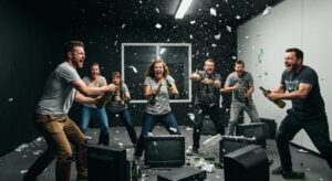 14b9818f d6cc 463a afa8 d8ab29b37b23webp - Brainy Actz Escape Rooms Participants in a rage room wearing protective gear, smashing objects for emotional release