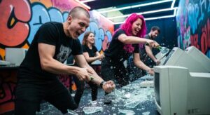 428078e1 cc1a 4723 8a74 dca39e7c9749webp - Brainy Actz Escape Rooms Participants engaging in a rage room session, showcasing emotional release through controlled destruction