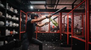 ca80fde3 3355 4ad7 bb1c 1038a6adbfa5webp - Brainy Actz Escape Rooms Person smashing a glass bottle in a rage room for stress relief