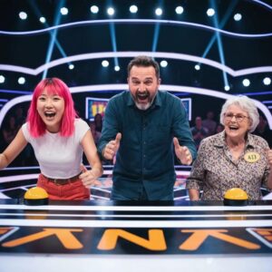 17255a96 8e73 4478 b1bd 3e1e6508aca8webp - Brainy Actz Escape Rooms Group of diverse participants engaged in a lively game show experience with dynamic lighting and buzzers