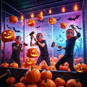 28fe1f3f 21b7 4ec2 9939 afefa61e7583webp - Brainy Actz Escape Rooms Halloween Rage Room with participants smashing pumpkins for stress relief and fun