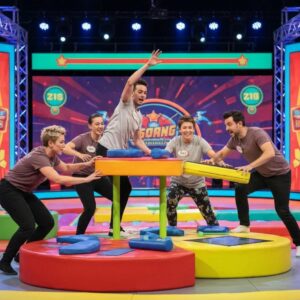 317397de 3fe6 49a6 8f06 1a911b02ac06webp - Brainy Actz Escape Rooms Participants collaborating on a physical challenge during a game show, showcasing teamwork